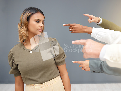 Image of Guilty, pointing and fingers with business woman for bullying, shame and accusation in workplace. Fraud, blame and judgment with employee for negative, conflict and responsible with wall background