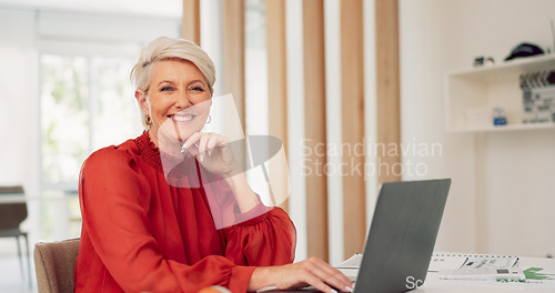 Image of Laptop, face and senior business woman doing feedback review of financial portfolio, stock market or investment. Online research, bitcoin mining and portrait of trader trading nft, forex or crypto