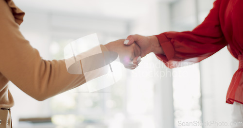 Image of Partnership, thank you and handshake from business women happy with investment deal, negotiation or agreement. Hand shake, welcome and people shaking hands for b2b collaboration or corporate contract