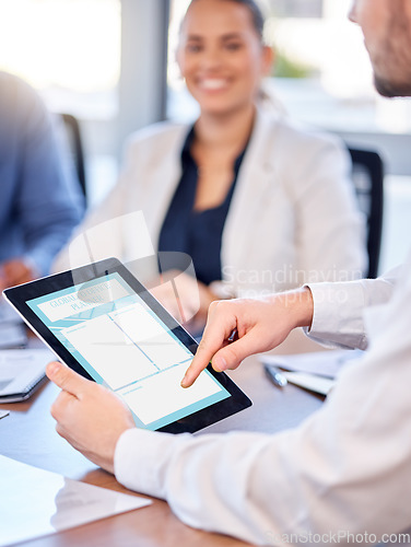 Image of Business man, hands and tablet in meeting for schedule planning, notes or minutes in collaboration. Hand of male team leader holding touchscreen for planner, reminder or managing corporate tasks