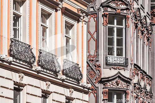 Image of Medieval rich house palace windows close up