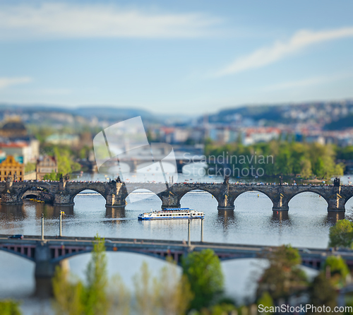 Image of Panoramic view of Prague bridges over Vltava river