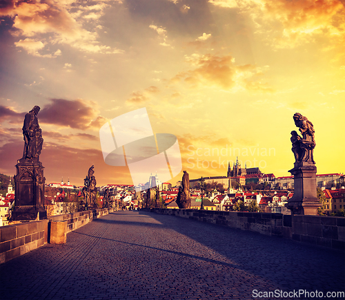 Image of Charles bridge and Prague castle in the morning