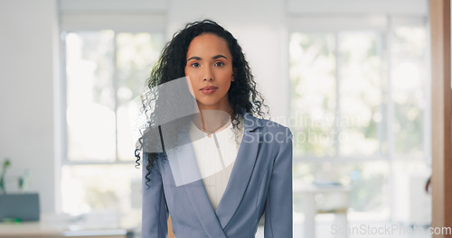 Image of Business woman and face with stop hand for assertive and serious gesture for rejection at workplace. Corporate black woman in office portrait with palm zoom for warning, discrimination or harassment