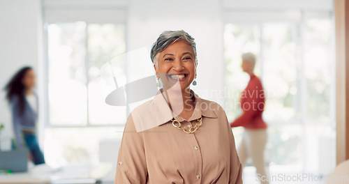 Image of Senior business woman, leadership and smile for management, vision or success at the office. Portrait of elderly female CEO smiling in happiness for creative corporate startup at the workplace