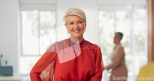 Image of Face, mindset and a senior business woman in a busy office at work with a vision of future growth. Portrait, manager and corporate with a female leader working on a mission for company success