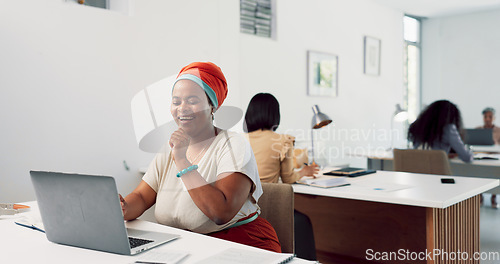 Image of Happy, coworking office and digital marketing worker on a computer smile about goal and web success. Business employee, black woman and work email typing of a person busy with web design strategy