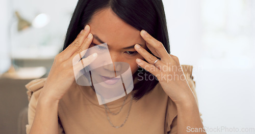 Image of Stress, headache and asian woman on laptop in office with 404 technology glitch. Tired business worker, burnout and computer mistake with anxiety, fatigue and depression of problem, crisis and doubt
