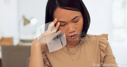 Image of Stress, headache and asian woman on laptop in office with 404 technology glitch. Tired business worker, burnout and computer mistake with anxiety, fatigue and depression of problem, crisis and doubt