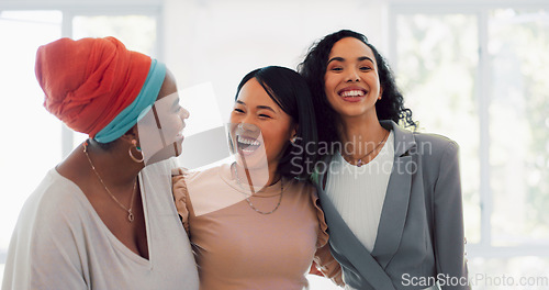 Image of Partnership, portrait and business women walking in office, happy and excited for startup vision. Face, diversity and girl team laughing while coworking for goal, mission small business idea together