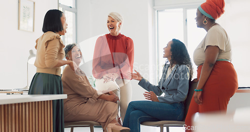 Image of Business women, diversity and conversation with collaboration and business meeting with team in workplace. Business people, talking and listening with teamwork, communication and team building