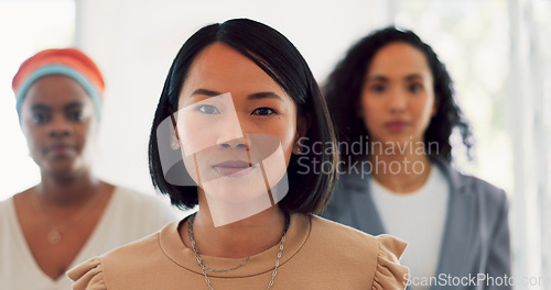 Image of Asian woman, portrait and business person with a happy smile at busy office as corporate leader. Female entrepreneur as startup company manager during Christmas holiday for growth and development