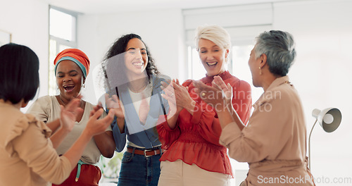 Image of Business team, celebration and woman high five of office team success with motivation. Small business, happy women and marketing agency happy about company growth, innovation and vision together