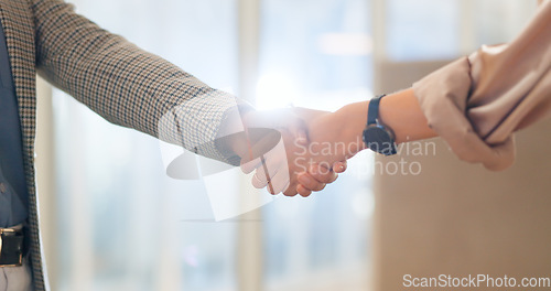 Image of Handshake, office partnership and b2b deal in a business meeting with a work agreement. Thank you shaking hands, hiring and welcome hand sign of company employees networking for crm onboarding