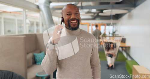 Image of Business man, phone call and office worker doing mobile networking and communication for work. Online, businessman and financial advisor talking and planning on a cellphone in coworking space