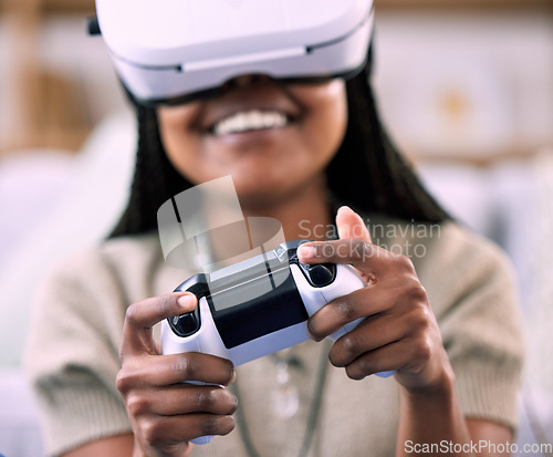 Image of Virtual reality, hands and video games in home with black woman for metaverse, ar and ux gaming. Gamer person with console and vr headset for cyber or 3d digital world streaming with futuristic tech