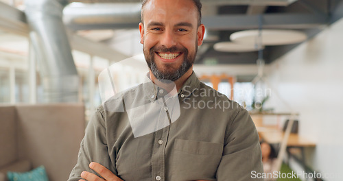 Image of Creative business, leadership and portrait of man laugh with crossed arms for vision, goals and mission. Success, marketing startup and happy male entrepreneur smile for planning, ideas and mindset