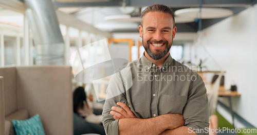 Image of Creative business, leadership and portrait of man laugh with crossed arms for vision, goals and mission. Success, marketing startup and happy male entrepreneur smile for planning, ideas and mindset