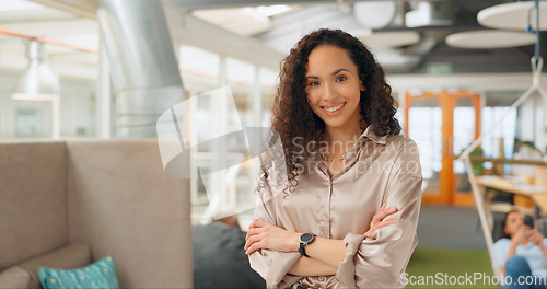 Image of Creative business, leadership and portrait of black woman with crossed arms for vision, goals and mission. Success, marketing startup and face of happy female entrepreneur with smile, pride and ideas