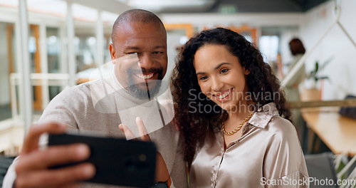 Image of Selfie, friends and peace with a black business team in an office, posing together for a picture at work. Self portrait, teamwork and smile with a man and woman employee taking a company photograph