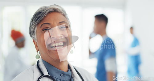 Image of Face, doctor and woman laughing in hospital ready for tasks, goals or targets. Leadership, senior or portrait of comic healthcare worker or female medical physician happy with career or job at clinic