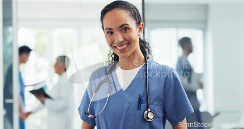 Image of African American Women, face and doctor smile for healthcare, vision or career ambition and advice at the hospital. Portrait of happy and confident Japanese medical expert smiling, phd or medicare at