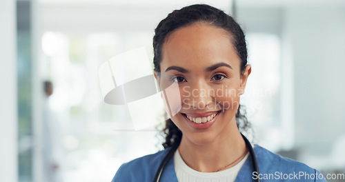 Image of African American Women, face and doctor smile for healthcare, vision or career ambition and advice at the hospital. Portrait of happy and confident Japanese medical expert smiling, phd or medicare at