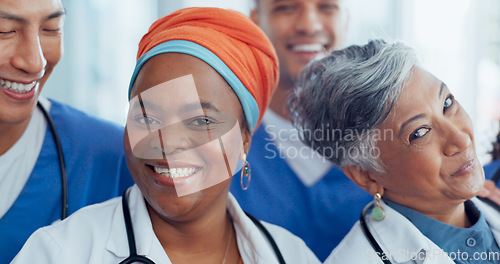 Image of Thumbs up, peace and face of doctors with success, happy teamwork and thank you at a hospital. Healthcare, motivation and portrait of diversity in medical employees, hand emoji and smile for medicine