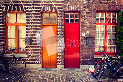 Image of Doors of old houses in Bruges, Belgium
