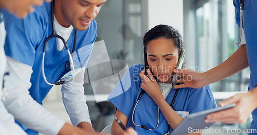 Image of Burnout, doctor with phone call and medical paperwork, stress and administration anxiety, multitasking and overwhelmed in healthcare. Overworked, mental health with coworkers and time management fail