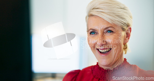 Image of Business woman, face or thinking on computer in digital marketing office, web design studio or advertising branding startup. Zoom, mature ceo or manager on technology for website innovation or ideas