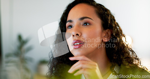 Image of Business woman, face or thinking on computer in digital marketing office, web design studio or advertising branding startup. Closeup, young person using technology for website innovation or ideas