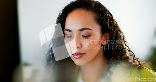 Image of Business woman, face or thinking on computer in digital marketing office, web design studio or advertising branding startup. Zoom, mature ceo or manager on technology for website innovation or ideas