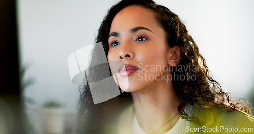 Image of Business woman, face or thinking on computer in digital marketing office, web design studio or advertising branding startup. Zoom, mature ceo or manager on technology for website innovation or ideas