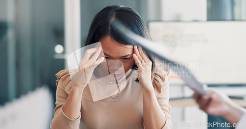 Image of Headache, office meeting and business woman stress, anxiety or pain thinking of documents review. Burnout, fatigue or focus problem of asian worker, paperwork chaos and busy team hands in conference