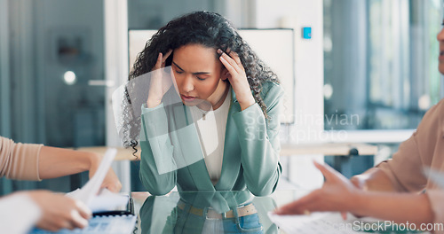 Image of Stress, meeting and business black woman headache, pain or anxiety, thinking of documents review. Burnout, fatigue or depression of a tired worker or employee with chaos paperwork and busy team hands