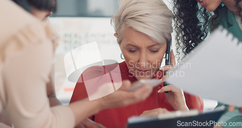 Image of Paperwork, meeting and tired business woman with headache, stress or anxiety thinking of documents review. Burnout, fatigue and focus problem of senior manager or boss in office chaos and busy hands