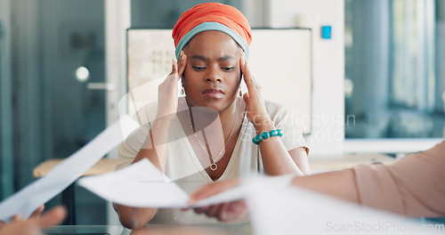 Image of Black woman, face with stress and multitasking, burnout in business and phone call, time management mistake. Work balance fail, communication and workflow crisis, anxiety zoom with chaos in workplace