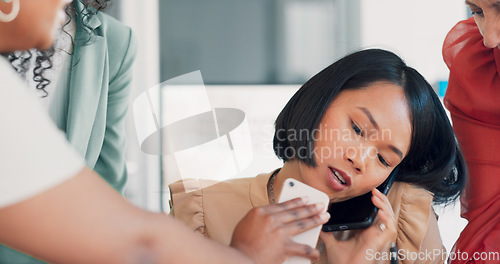 Image of Business woman, phone and face, stress with multitasking, burnout and time management mistake. Work balance fail, communication and chaos with corporate crisis, anxiety zoom with business people