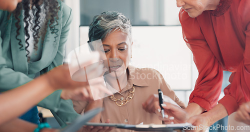 Image of Business, woman and multitasking with stress, phone call or deadline for project, team and office. Female employee, mature lady overworked or manager busy with smartphone, corporate deal or burnout