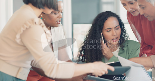 Image of Business woman, phone call with multitasking and anxiety, burnout with documents for signature and work balance fail. Mental health, communication and chaos, crisis with anxiety and business women