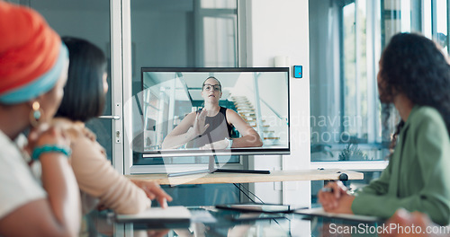 Image of Discussion, team and video conference with screen and business people, online with business meeting and communication. Internet, webinar and online meeting, teamwork and collaboration on video call
