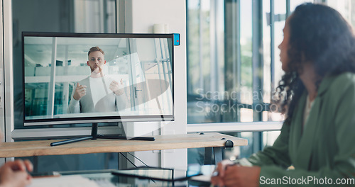 Image of Discussion, team and video conference with screen and business people, online with business meeting and communication. Internet, webinar and online meeting, teamwork and collaboration on video call