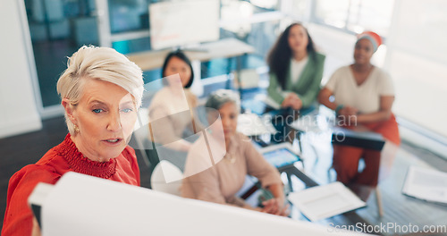 Image of Presentation, speaker woman and business people planning, budget strategy or company agenda in a meeting. Leadership, gender equality and diversity of boss, manager or presenter talking to employees