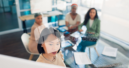 Image of Presentation, asian woman and business people in meeting planning budget strategy or company agenda. Leadership, gender equality and diversity of boss, manager or speaker workflow in startup workshop