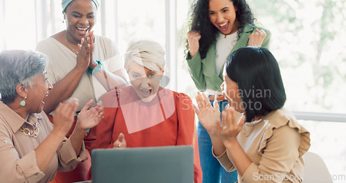 Image of Success, applause and team at laptop with woman at startup business with email or office announcement. Congratulations, clapping hands and support for winner teamwork, achievement and collaboration.