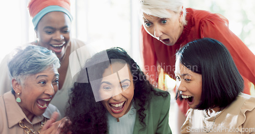 Image of Success, applause and team at laptop with black woman at startup business and email or office announcement. Congratulations, wow and women clapping hands, support and high five for target achievement