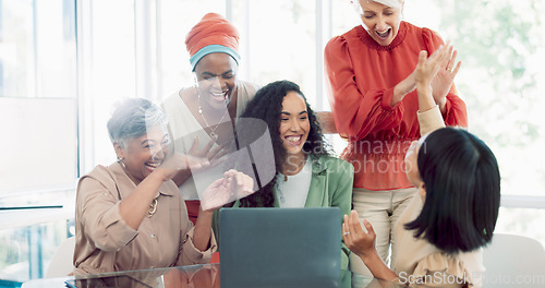 Image of Success, applause and team at laptop with black woman at startup business and email or office announcement. Congratulations, wow and women clapping hands, support and high five for target achievement