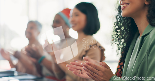 Image of Success, business meeting and team clapping hands for an achievement, celebration or congratulations. Applause, good news and group of corporate employees celebrating successful teamwork in workplace