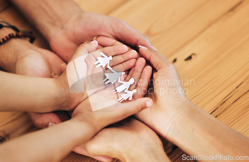 Image of Insurance, cutout and paper with hands of family for protection, security and planning. Future, care and compassion with parents and child holding figure icon together for wellbeing, trust and hope